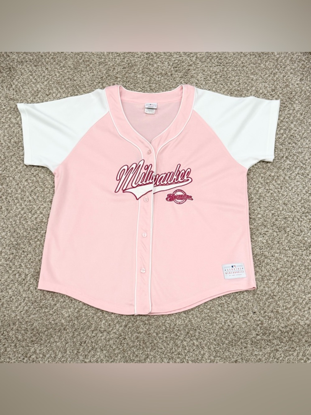 Y2K pink and white Milwaukee Brewers baseball jersey